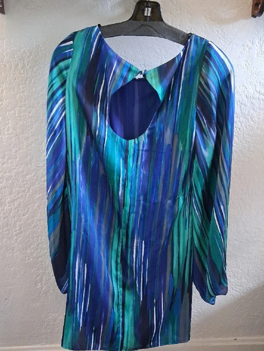 Laundry By Shelli Segal Blue and Green Vertical-Stripe Long Sleeve Dress